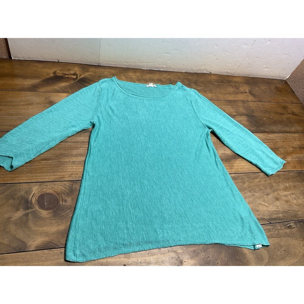 Eileen Fisher Linen Loose Knit Tunic Top Womens Green 3/4 Sleeve Size Large